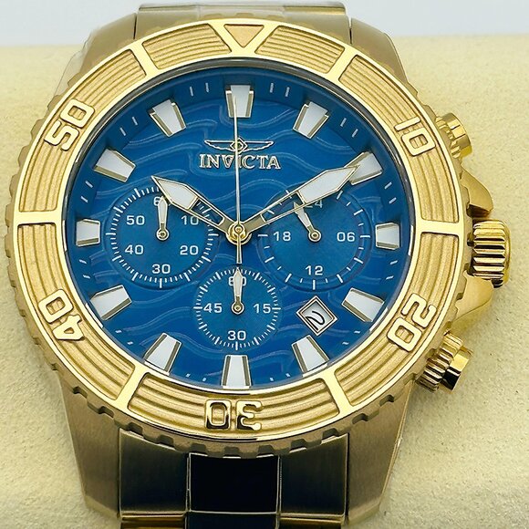 NEW Invicta Pro Diver Luxury Men's Quartz Diver Watch Blue Dial Chronograph Gold - Picture 1 of 9